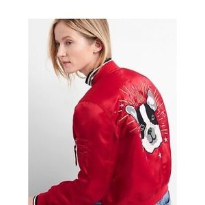 Gap Jacket Dog Embroidered Red Satin Bomber Full Zip Jacket Size XS New